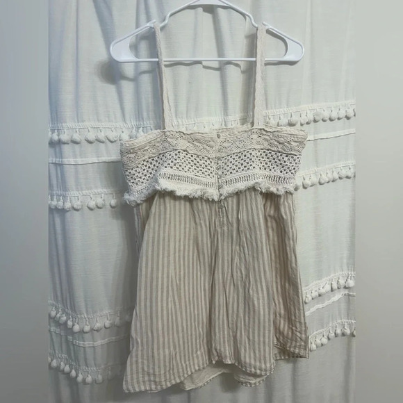 Zara 100% cotton dress / top w crochet detail beige and cream vertical stripes L - Picture 6 of 11